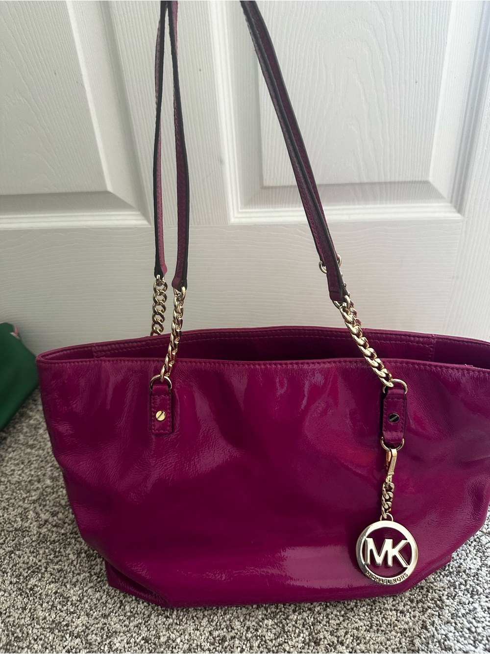 Michael Kors Patent Leather Tote in Magenta with Gold Hardware